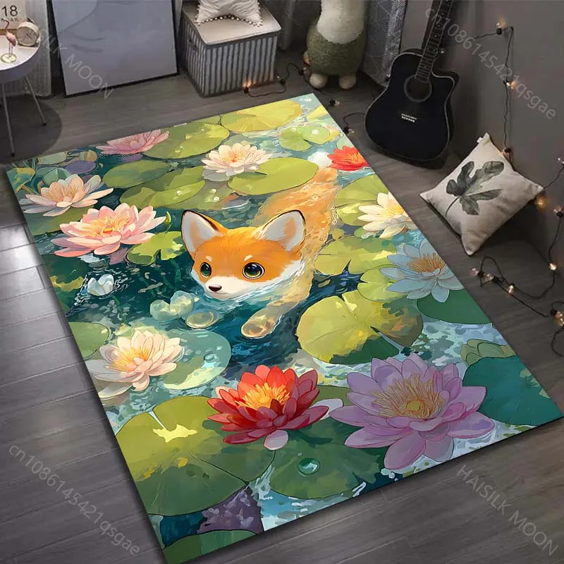1PC Fox swimming in lily pond Carpet for Living Room Bedroom Sofa Home Decor Rus Non-slip Floor Mat Luxury Gift