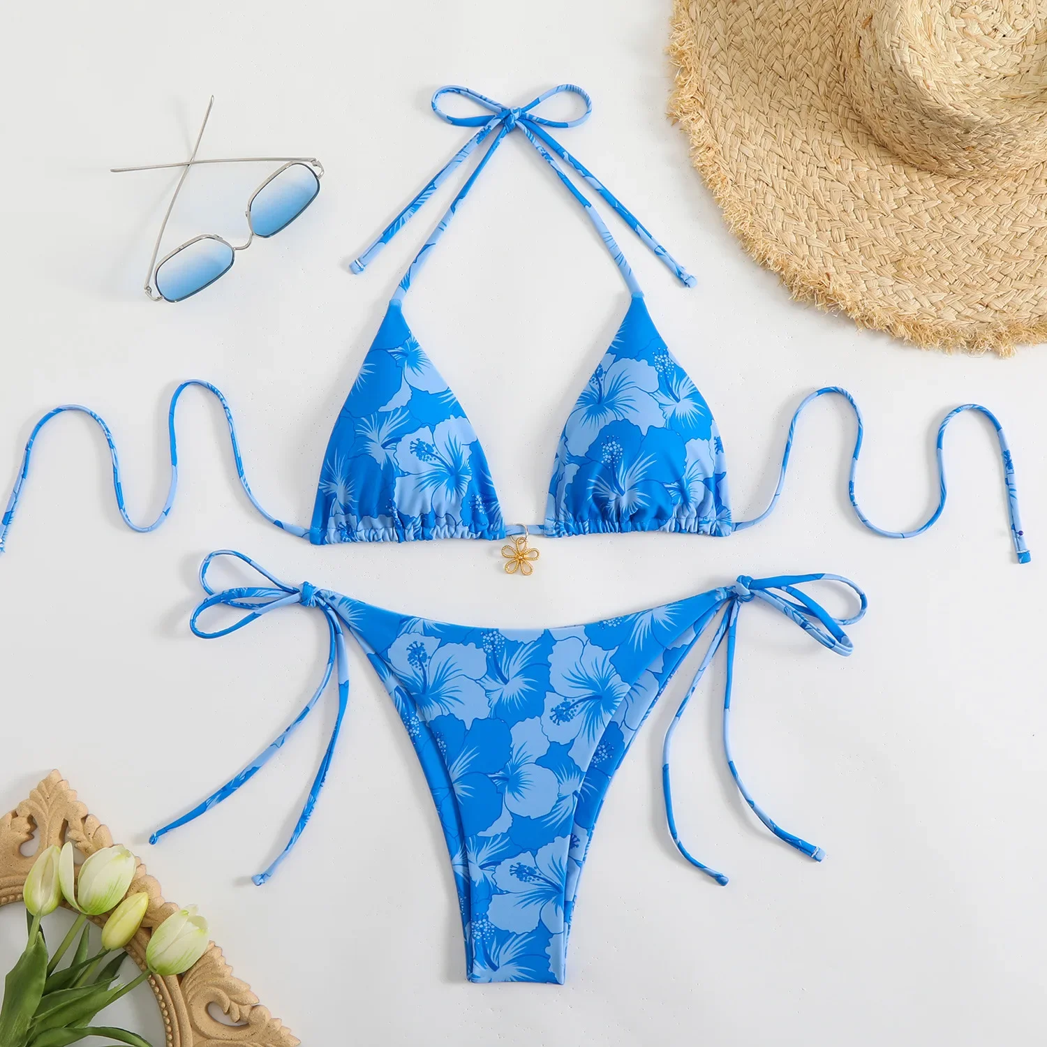 

Swim Mod Beach Summer Outfits For Women, Spring Break Floral Print Halter Top And Side Tie Bikini Set