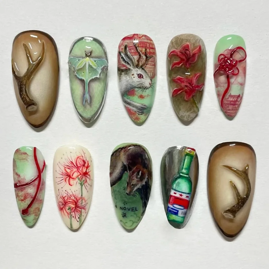 24 piezas uñas postizas vintage estilo campestre con dibujos de corderitos, conejitos y rosas, con moños 4