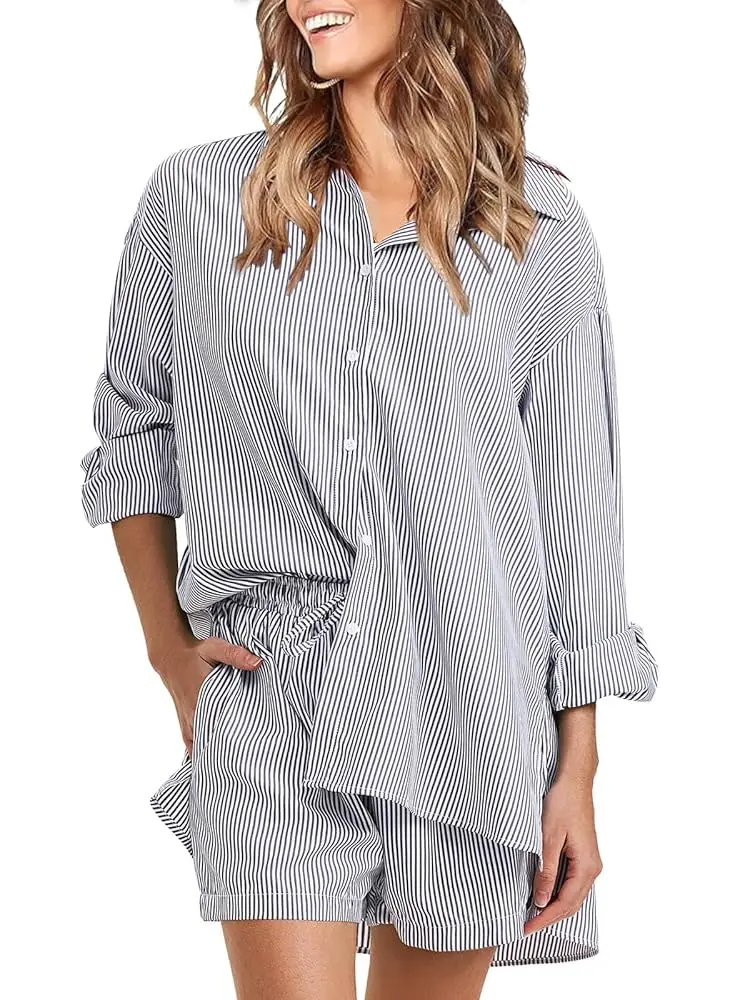Camicia a maniche lunghe a righe da donna Completi da 2 pezzi Set di pantaloncini con coulisse e colletto con bottoni