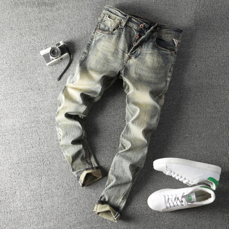 

Classic Retro Men's Washed Worn Jeans Men's High-End Fashion Brand American Slim Straight Stretch Motorcycle Tappered Pants