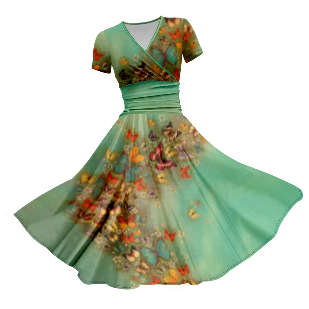 Brilliant Colour Little Flower Field Fresh Floral Print Elegant Dresses Short Sleeve V-Neck High Waist Swing Dance Party Dress