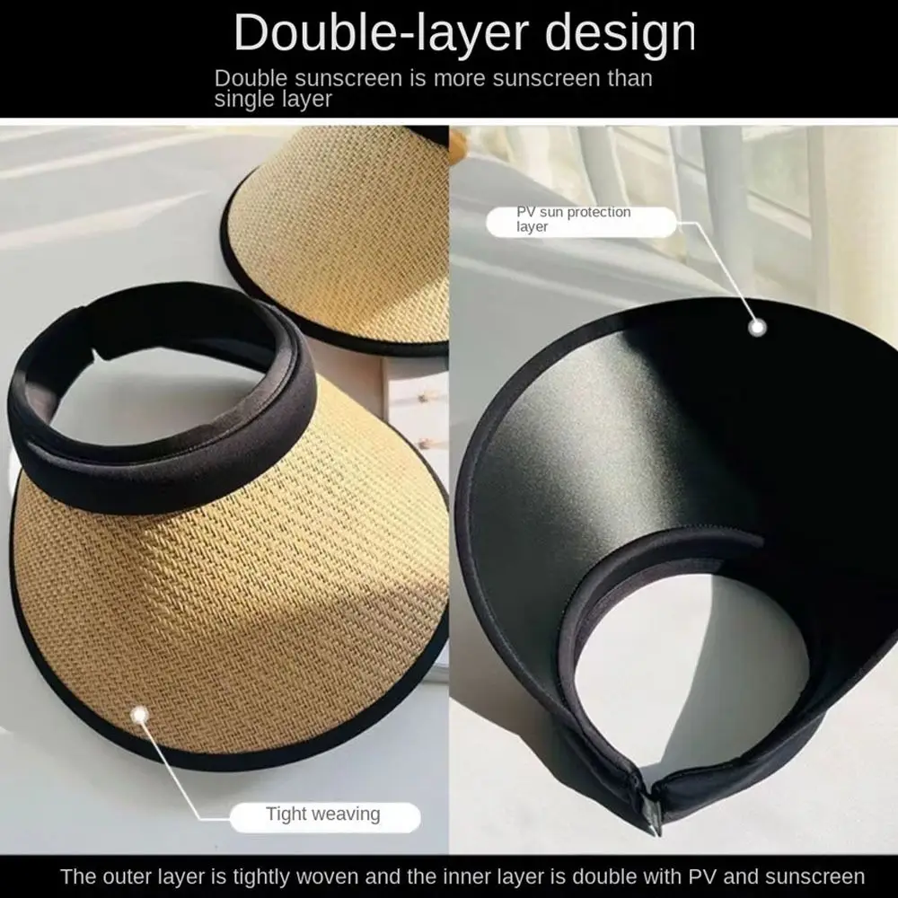 Sweet Visors Straw Hat Large Eaves Sun Protection Empty Top Hat UV Protection Ponytail Hat