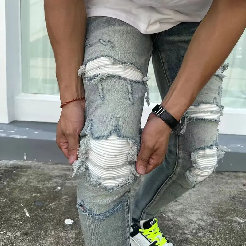 Designer fashion new men's jeans stretch slim fit retro light blue patchwork white patch jeans high street chic brand pants homb