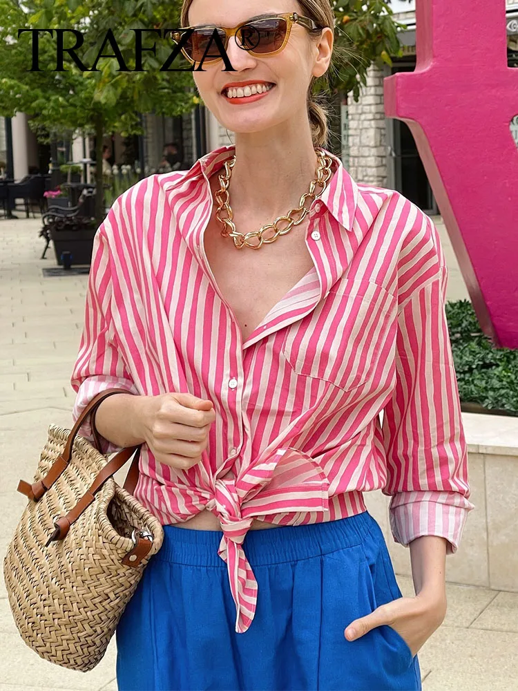 

​​​TRAFZA For ​​​Summer Women New Blouse Turn-Down Collar Long Sleeve Pocket Decorate Single Breasted Pink Stripe Shirt Mujer