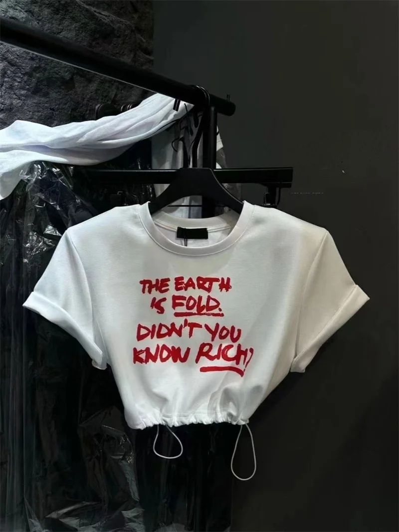 

Trendy Short Sleeve T-Shirt Women's round Neck Letter Print Drawstring Waist Pad Shoulder Summer Fashion Korean Style Cotton ...