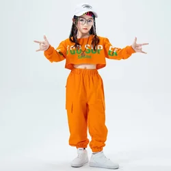 3-16 Years Kids Kpop Hip Hop Clothing Orange Crop Sweatshirt Joggers Pants Girls Jazz Dance Costume Children Streetwear Outfits
