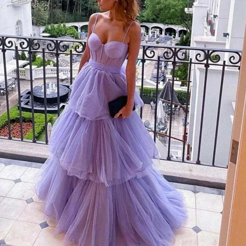 Customized Sweet Elegant Sling Purple Long Prom Dresses High Waist A-line Tulle Ruffles Ball Gown Exquisite Tiered Backless Stra