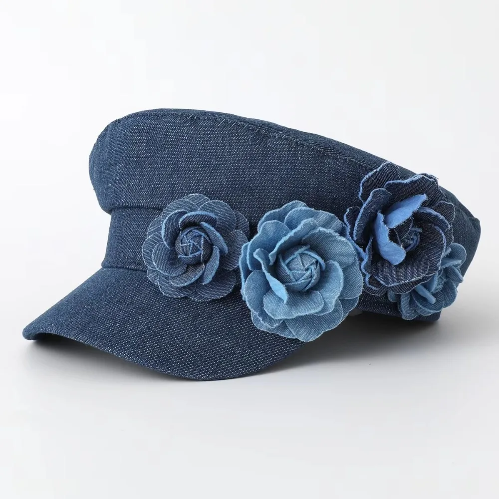 Mode Cowboy Flache Top Navy Hut Blume Baumwolle Denim Achteckigen Hut Großen Kopf Taille Baskenmütze Kappe Student Hut