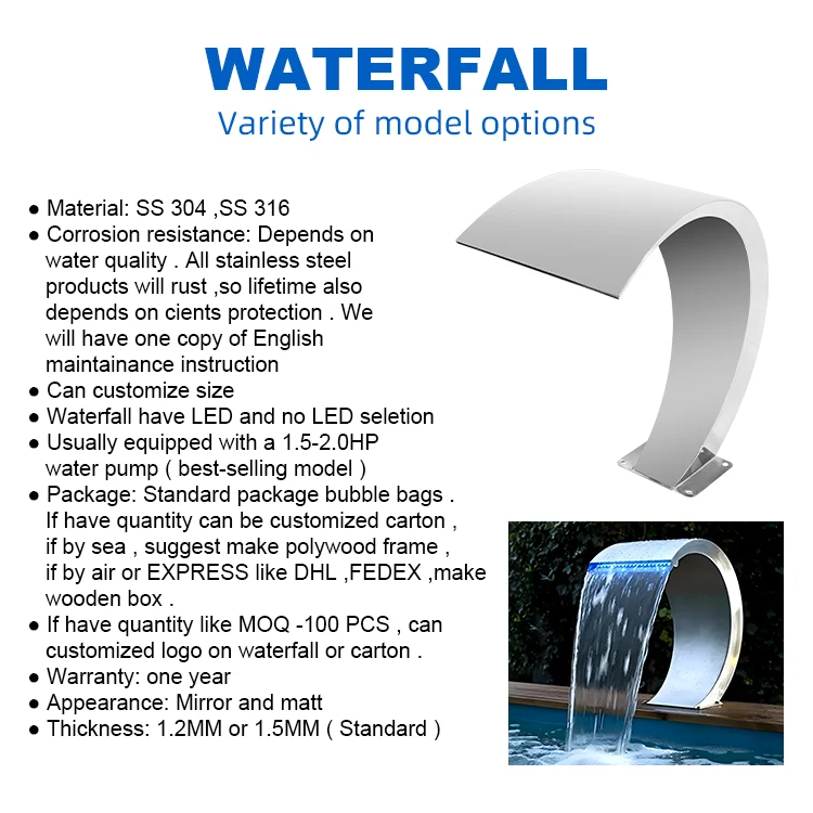 304 316 스테인리스 스틸 폭포 패널 야외 수경 시설 정원 수영장 호텔용
