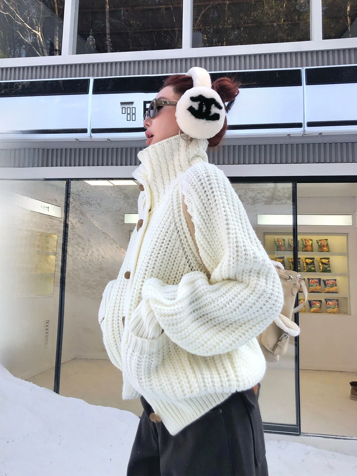 

Вязаный свитер крупной вязкой Hanrted для женщин, свободный крой, высокий воротник, на пуговицах, повседневный, с длинными рукавами, зимняя верхняя одежда