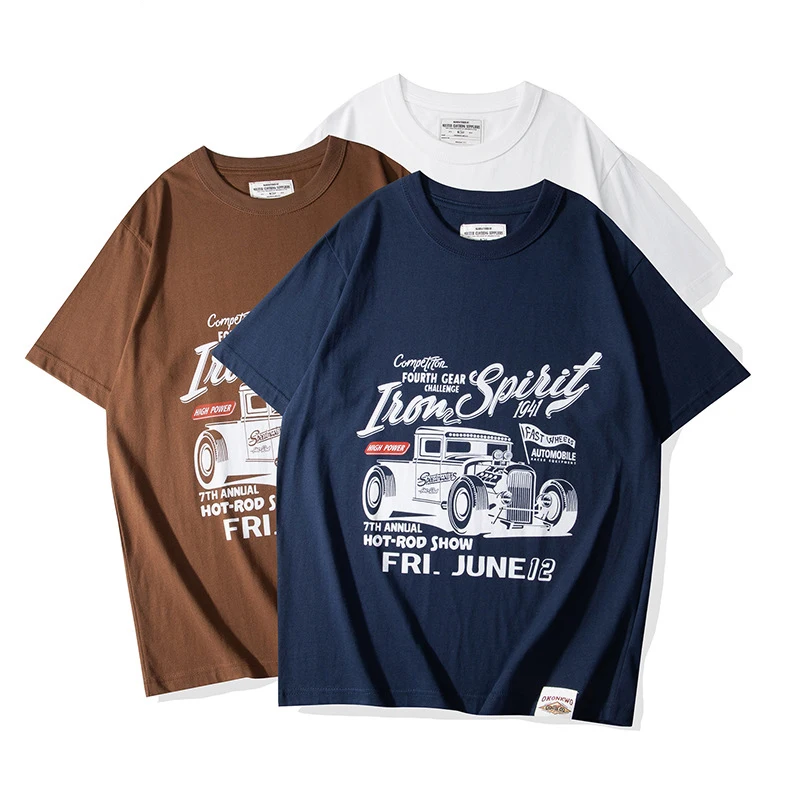 3106 200G Vintage Car Print T-shirt Men's Summer Fashion Short Sleeve Simple Casual Loose Pullovers Unisex Streetwear Daily Tops