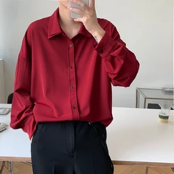 Camisa de manga larga para hombre, camisa de seda de hielo de doble cuello, color rojo vino Vintage, blusa cómoda coreana, camisa suelta informal