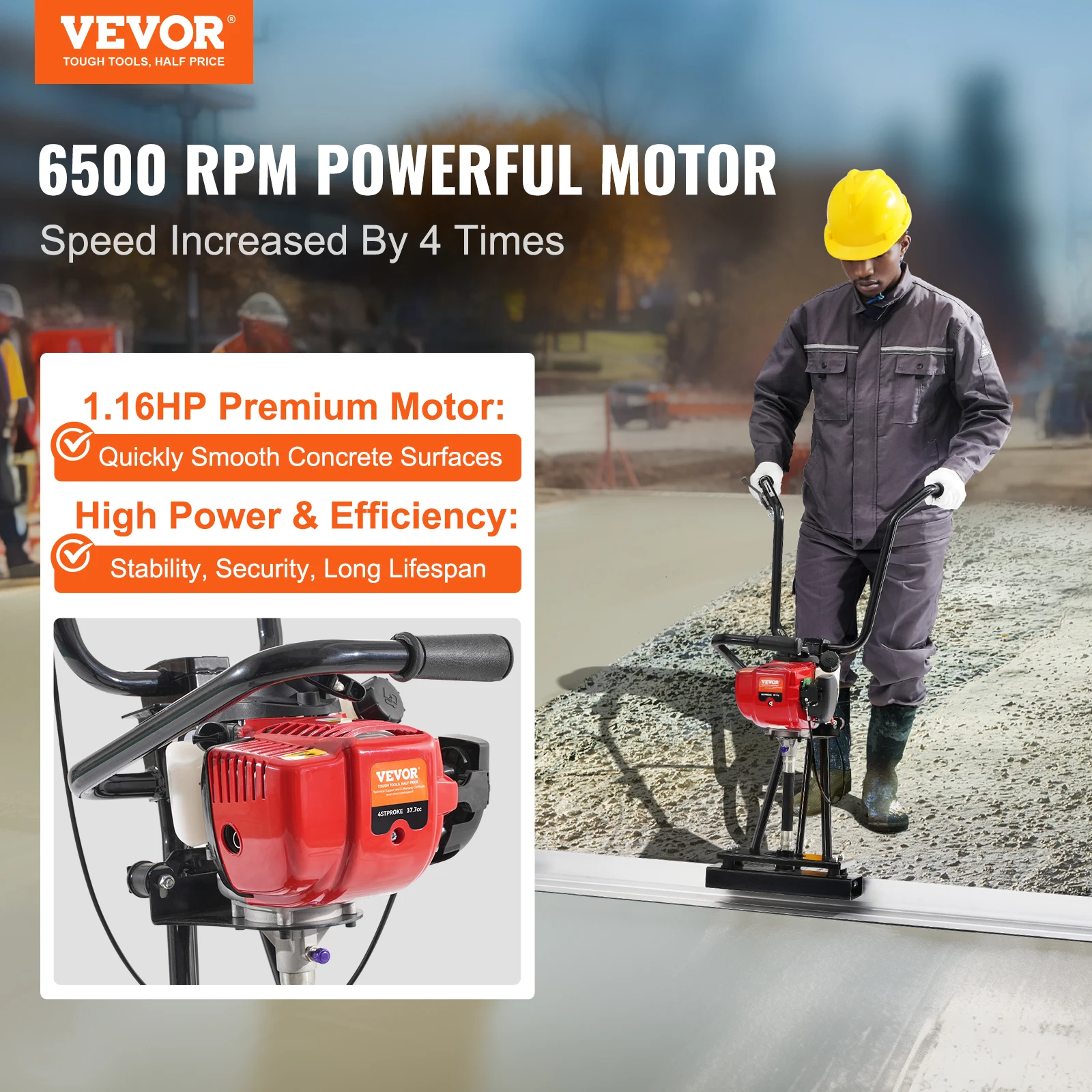 VEVOR Gas Concrete Power Screed,6/8/11ft Aluminum Board Straight Edge Bar Set,4 Stroke Cement Finishing Vibrating Motor w/Handle