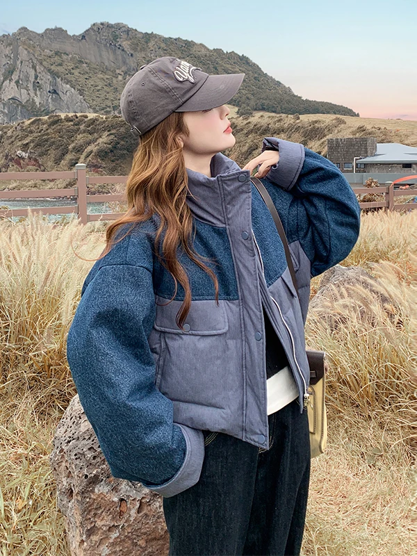 여성용 오르트 퍼퍼 재킷 화이트 듀 다운 스탠드 칼라 컬러 블록 디자인 겨울 따뜻한 아우터웨어 출퇴근용 루즈핏