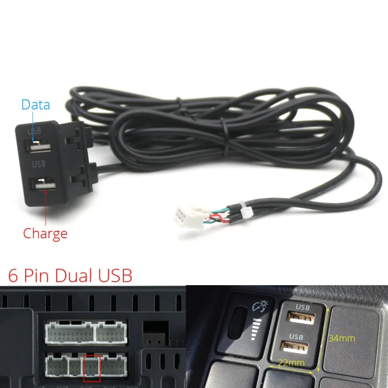 

4 6 Pin Car Dash Flush Mount Dual Type-C USB Port Switch Panel 3.5mm AUX RCA Interface Cable Adapter Android Multimedia