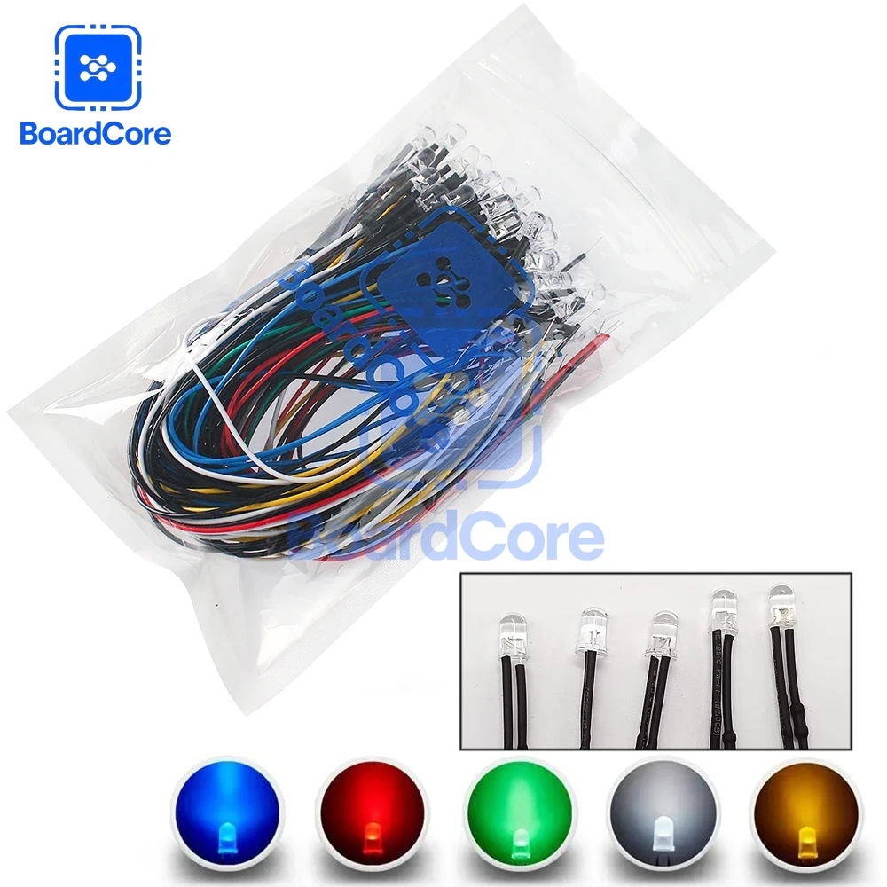 50PCS/Set Pre Wired 5mm LED Light Lamp Bulb DC12V Emitting Diodes Transparent Yellow Blue Green White Red