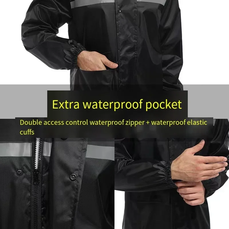 Waterproof Long Hooded Raincoat for Men and Women, Black Reflective Rain Coat, Outdoor Hiking, Travel, Fishing, Climbing Working