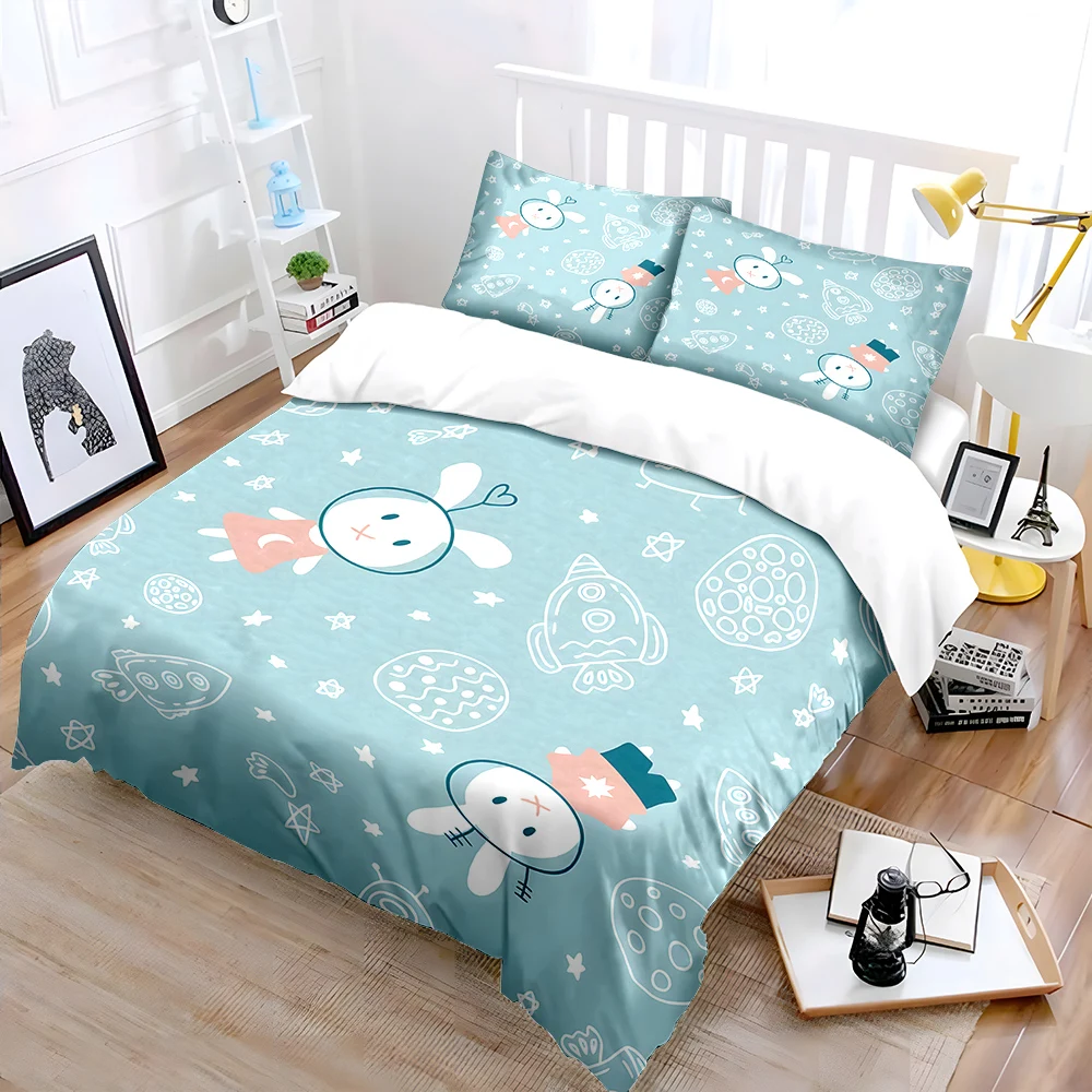 Cartoon bunnies with space-themed Print Bedding Set 1 Duvet Cover 2 Pillowcases for Adult and Children Luxury Gift Full Size