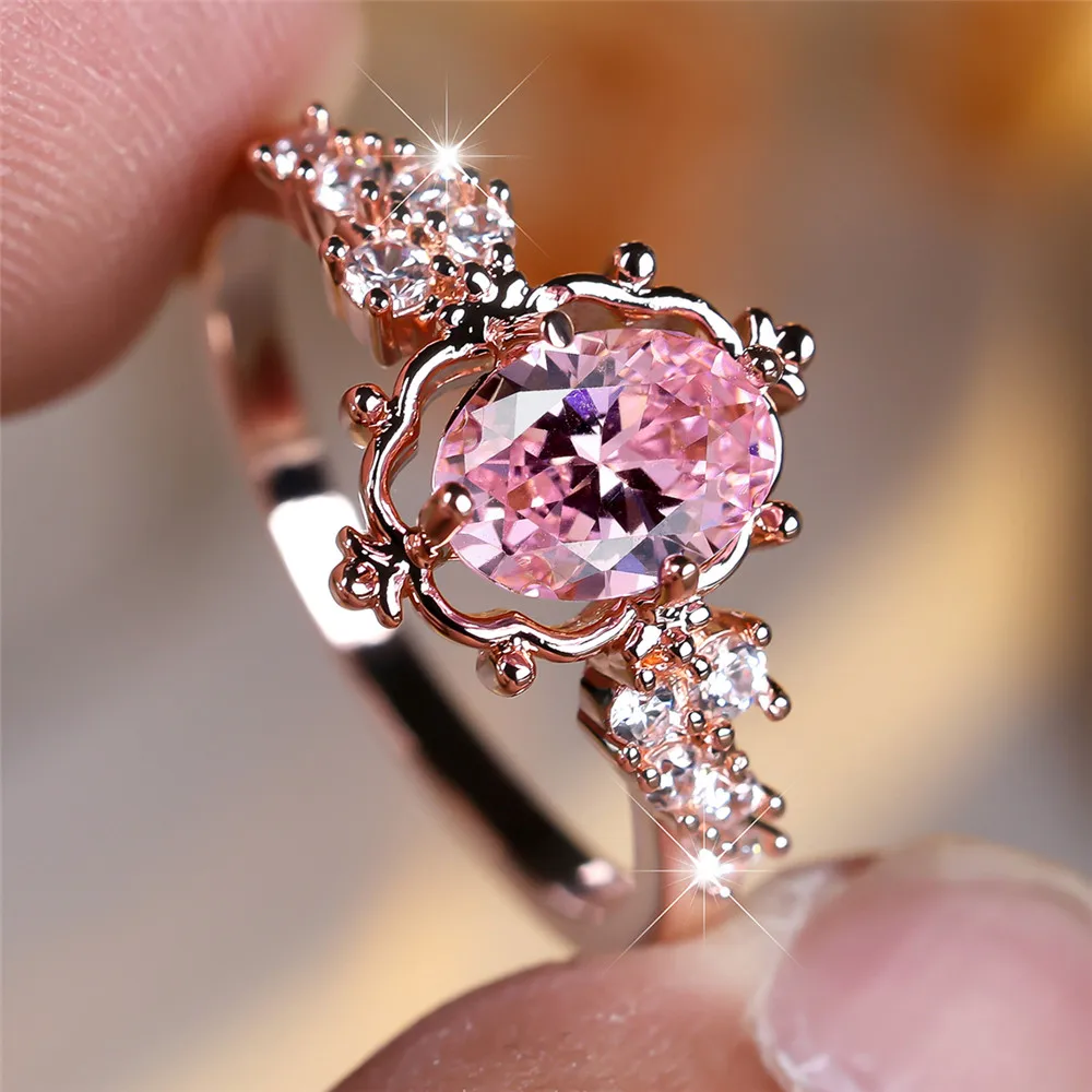 Luxury Crystal Pink Zircon Oval Stone Flower Rings For Women Vintage Rose Gold Color Wedding Band Bridal Jewelry Engagement Gift