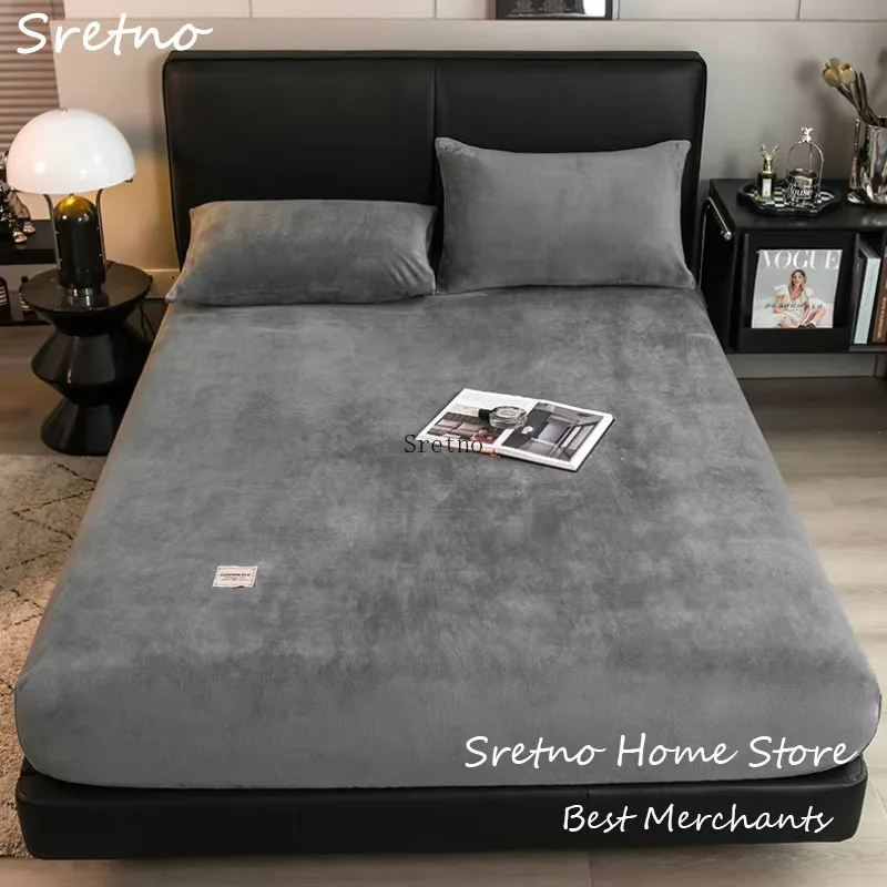 SRETNO Luxury Coral Fleece Fitted Sheet Mattress Pad Full Package Bed Sheet Cover Winter Breathable Mattress Protector Covers