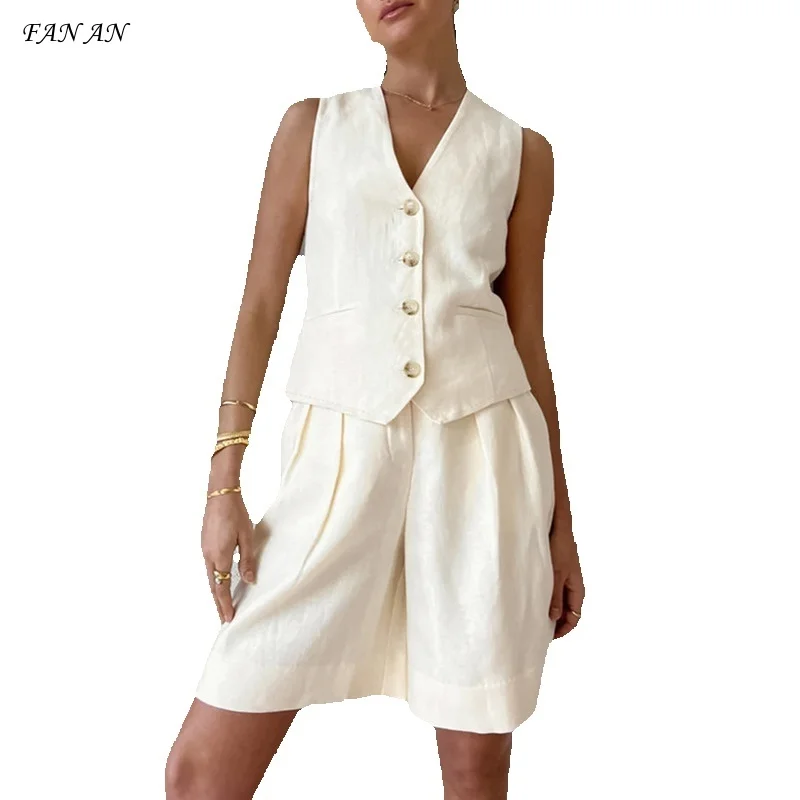 

2024 Fashion All-in-one Vest Shorts Two-piece Women's 2024 Summer Early Autumn New Commuter Cotton and Linen Women's Suit