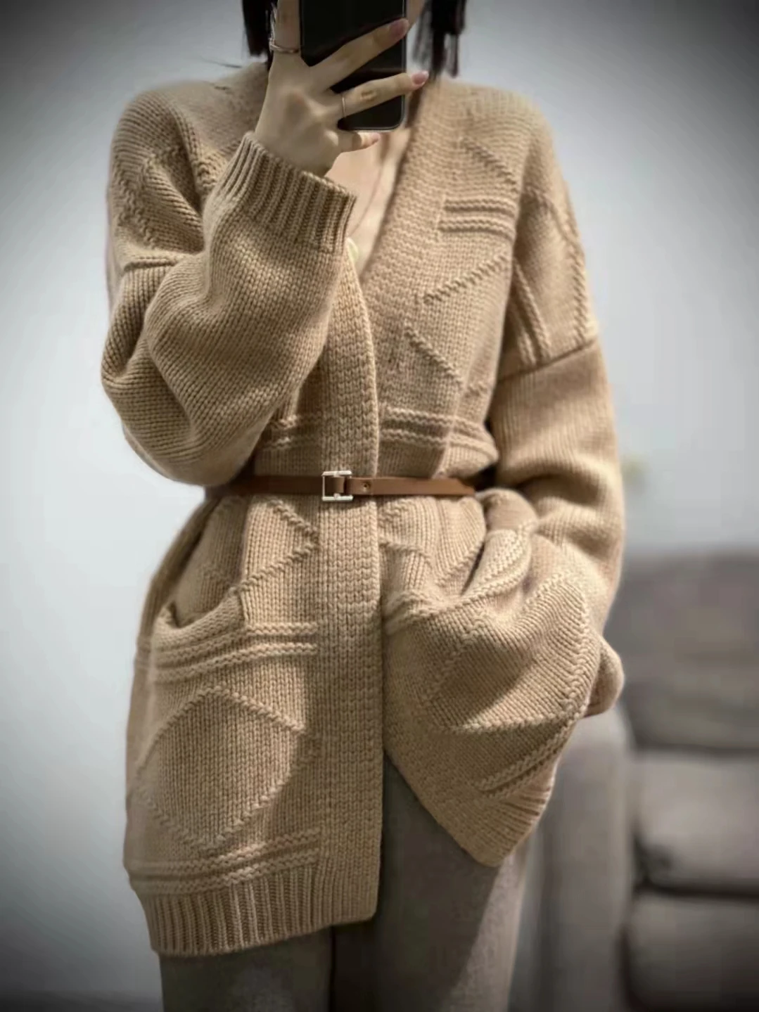 Women's Thick Loose Sweater Coat, Long Cardigan, Knit, 100% Cashmere, Lazy, Autumn and Winter