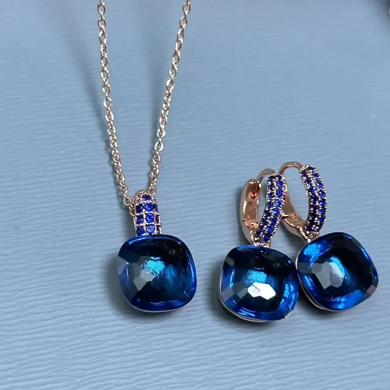 

2Pcs/Set 12.6mm Earrings Necklace Set Inlay Dark Blue Zircon Candy Crystal Jewelry Set Nudo Drops Earrings Fashion Jewelry Gift