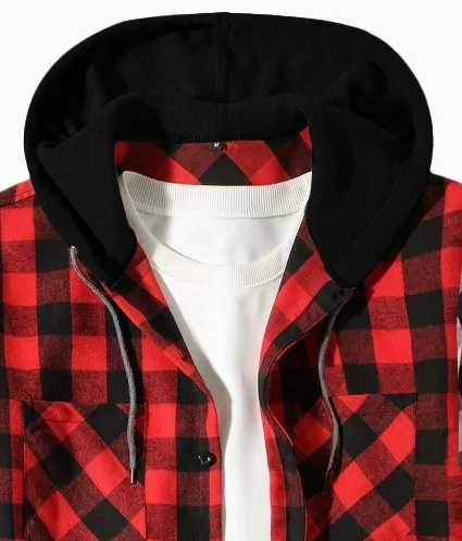 Spliced long-sleeved plaid hooded shirt for men Spring and autumn business casual all comfortable loose shirt