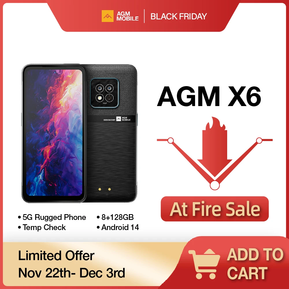 هاتف ذكي مقاوم للماء مزود بشريحتين AGM ، X6 ، 5G ، FHD + ، 50 كاميرا ، 8000 GB + GB ، Android 14 ، NFC