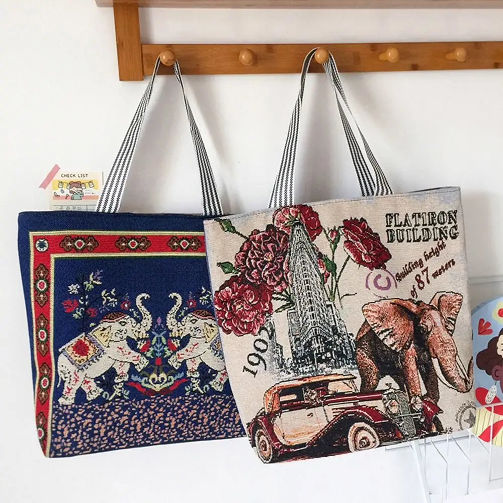 

Elephant Pattern Canvas Shoulder Bag Printing Double-Sided Embroidered Women Shopping Bags Large Vintage Handbags Women Girls