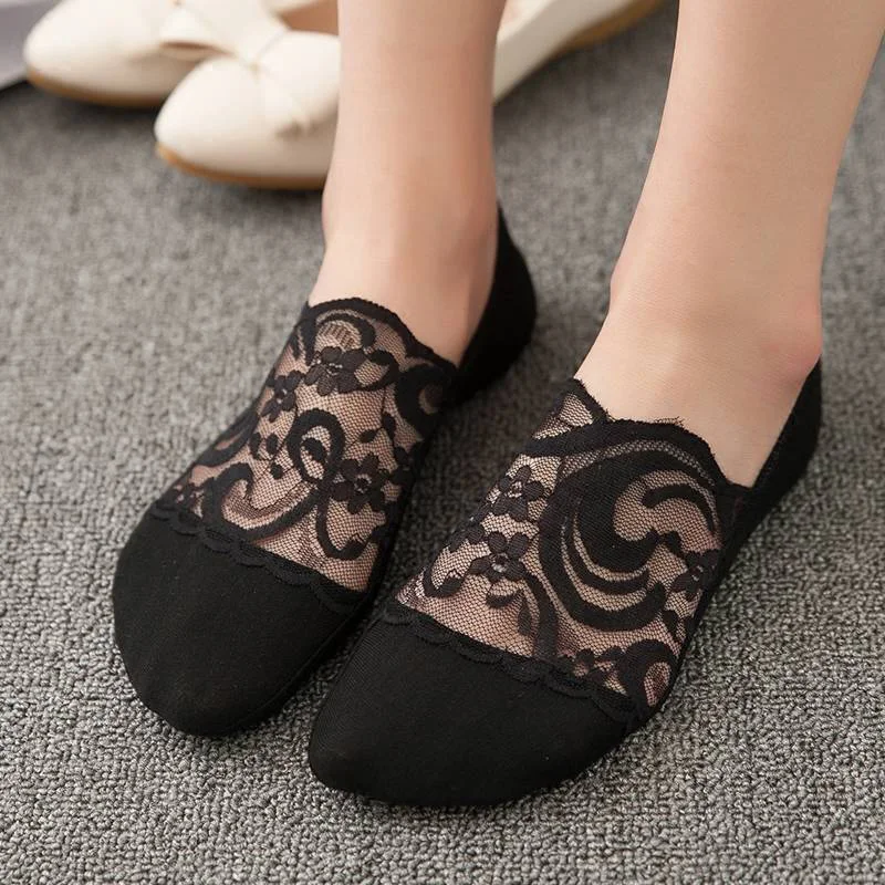Image 5: 1 paire de chaussettes d'été pour femmes et filles, style dentelle, fleurs, courtes, antidérapantes, invisibles, 5 couleurs