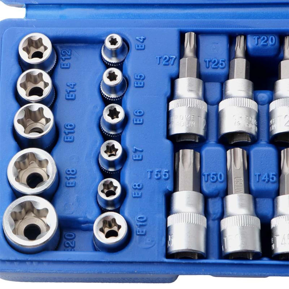 

Home Torx Sockets Hand Tools 29Pcs Chrome Vanadium Steel Drive External Torque Male Female Torx Star Socket Bit Set