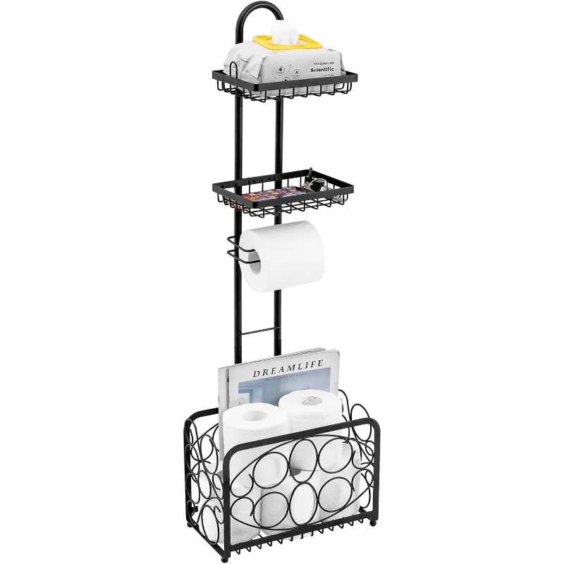 

Toilet Paper Holder Tissue Rack Stand with Magazine Toilet Roll Storage Basket- Freestanding, Black Metal