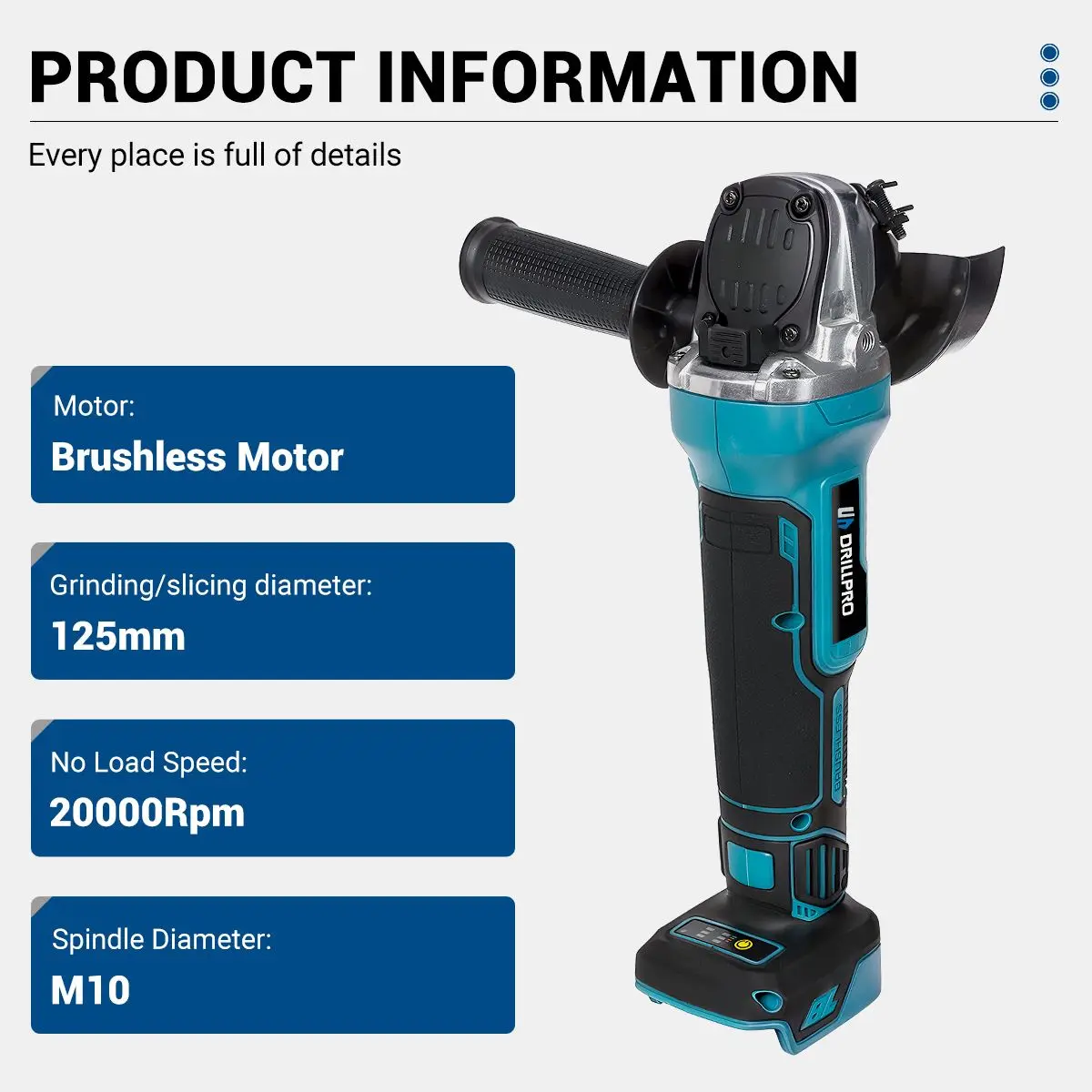 Drillpro Electric Angle Grinder 125MM Brushless Polisher Woodworking Grinding Cutting Machine Power Tool for Makita Battery