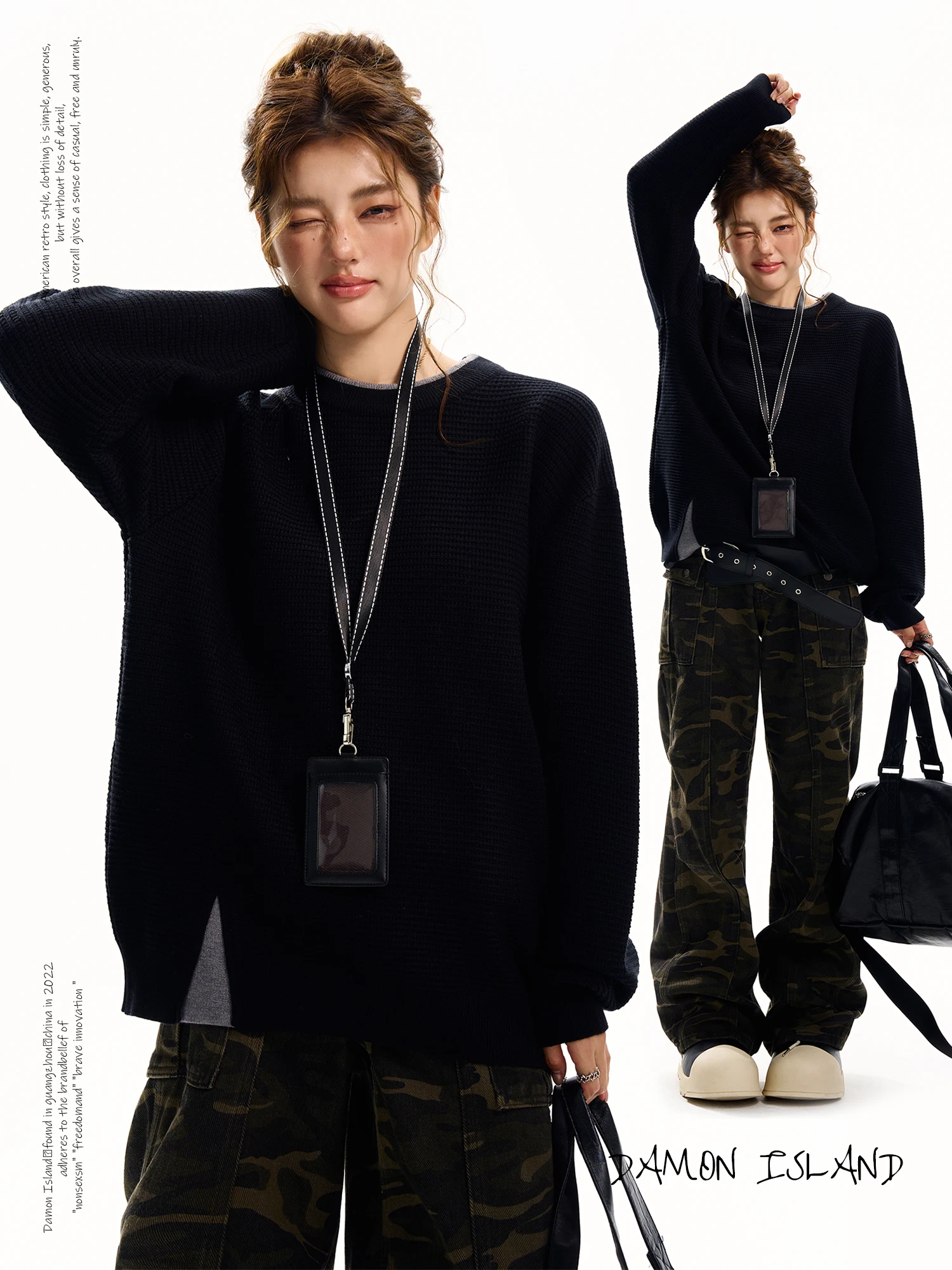 

Damon Island American Retro Design Loose Lazy Sle round Ne Knitted Sweater Top Splicing Pattern Women's Casual Faion