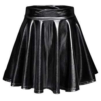 여성용 플레어 A 라인 스케이터 스커트, 클럽웨어, 댄스 단색 미니 스커트, PVC 하이 웨이스트 슬림 가죽, 플리츠 광택 짧은 스커트