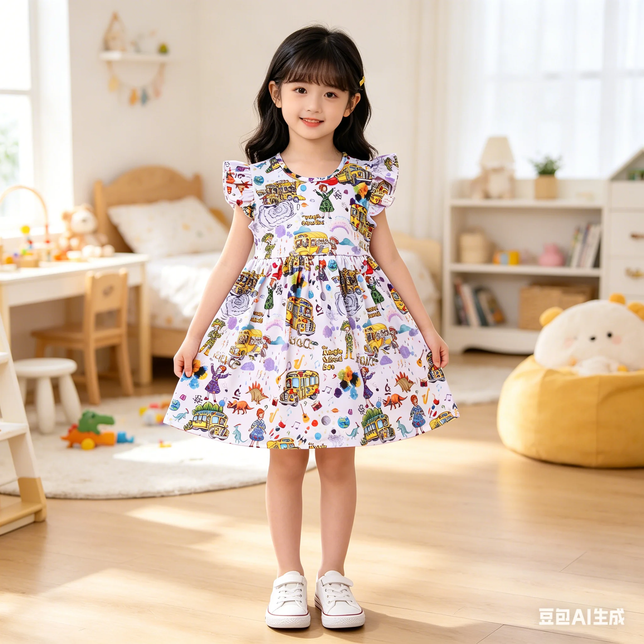 Toddler Girls Fall Back to School Dress Cartoon Magic Cars Printed School Dress Flutter Sleeve Soft Milksilk Dresses Wholesales