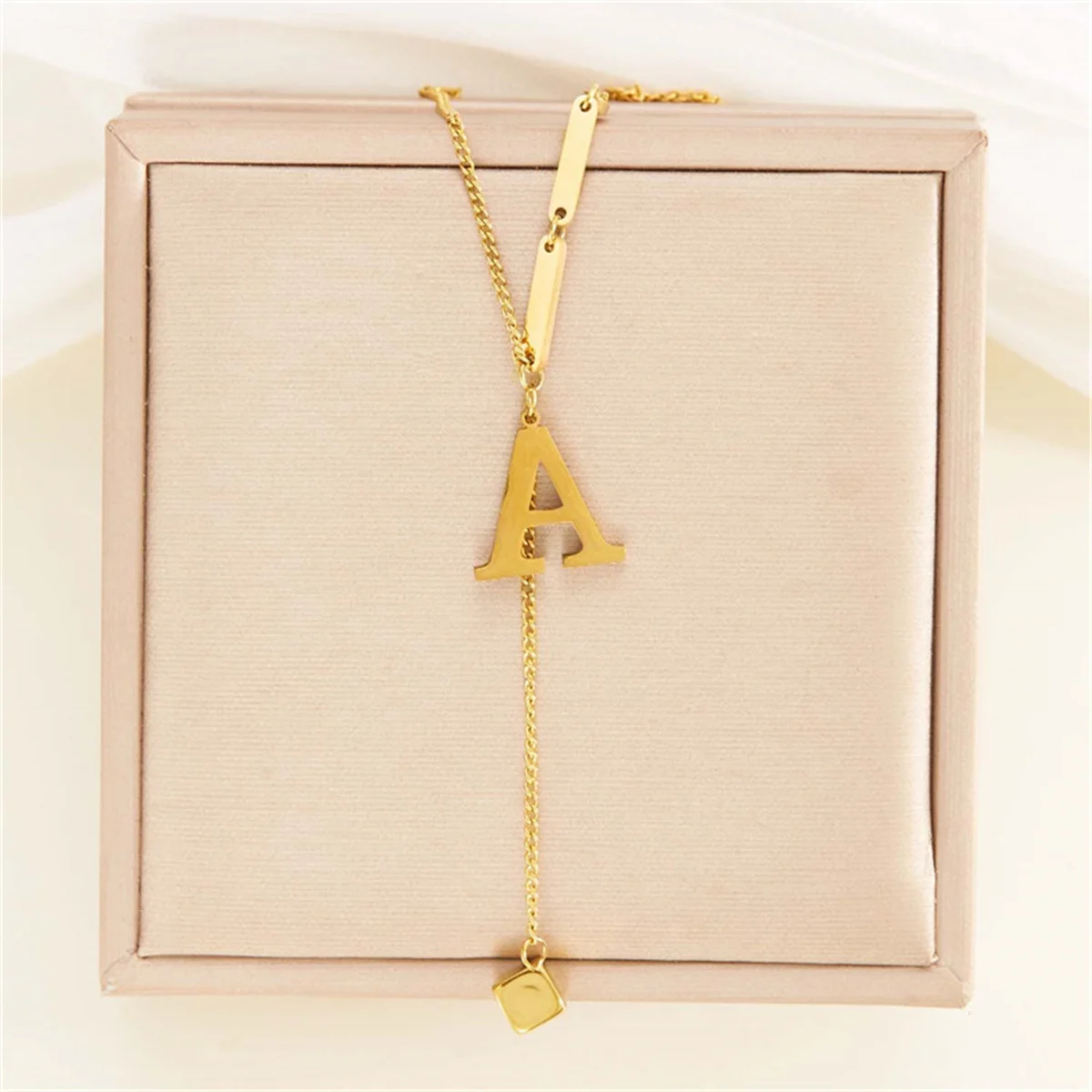 

Stainless Steel Initial Letter Pendant Necklace For Women Gold Color 26 Alphabet Block Long Tassel Choker Clavicle Chain Jewelry