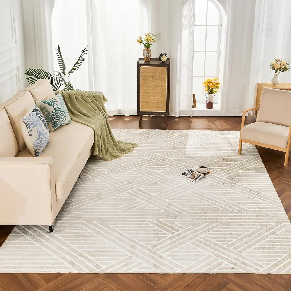

INGEROOM 6x9 Washable Area Rugs, Neutral Beige Geometric Area Rug for Living Room Bedroom, Modern Area Rug, Large Non-Slip Indoo