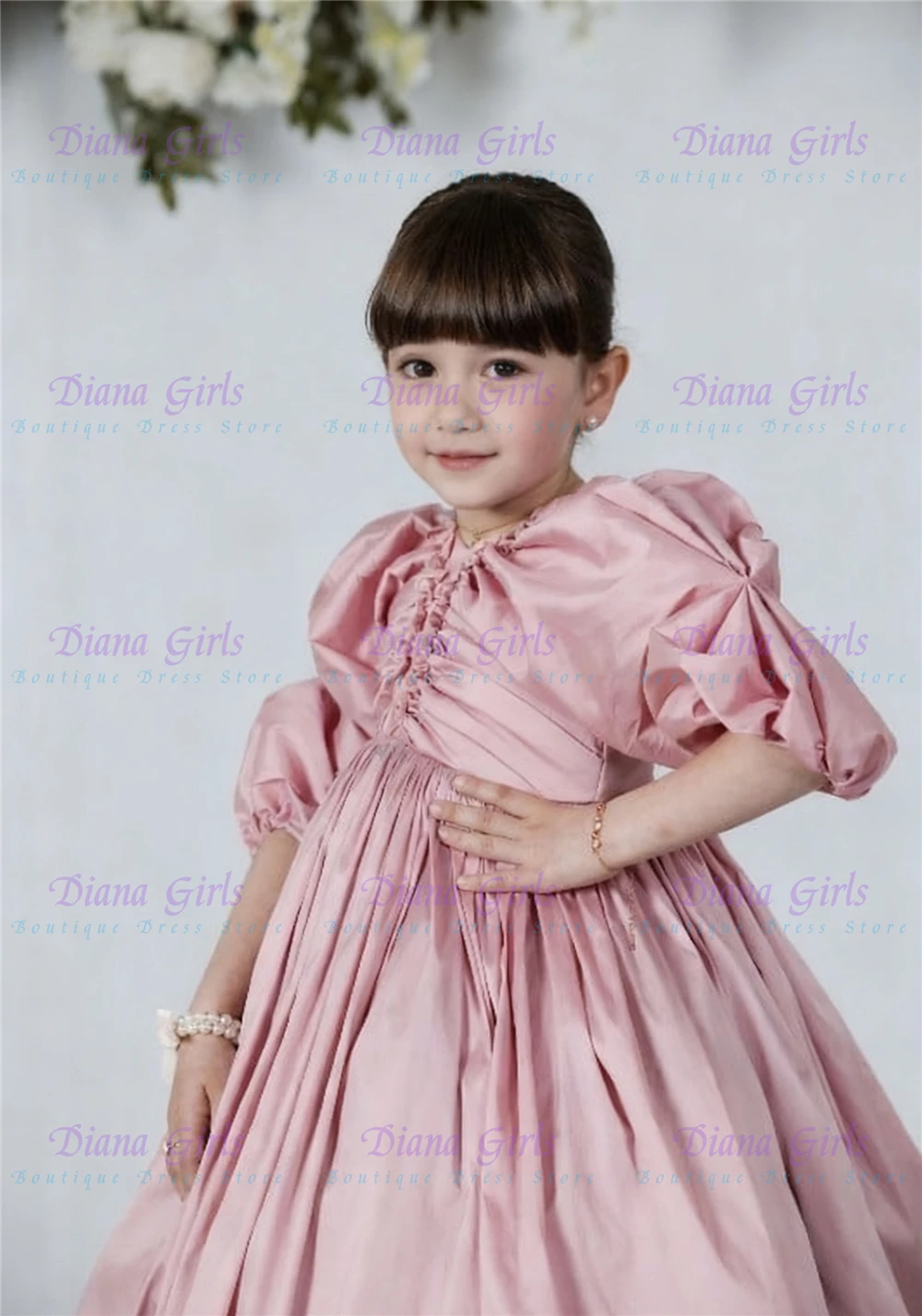 Quality Pink Satin Flower Girl Dress A-Line Fluffy With Exquisite Pleated Design For Kids Wedding Birthday Party Evening Gowns