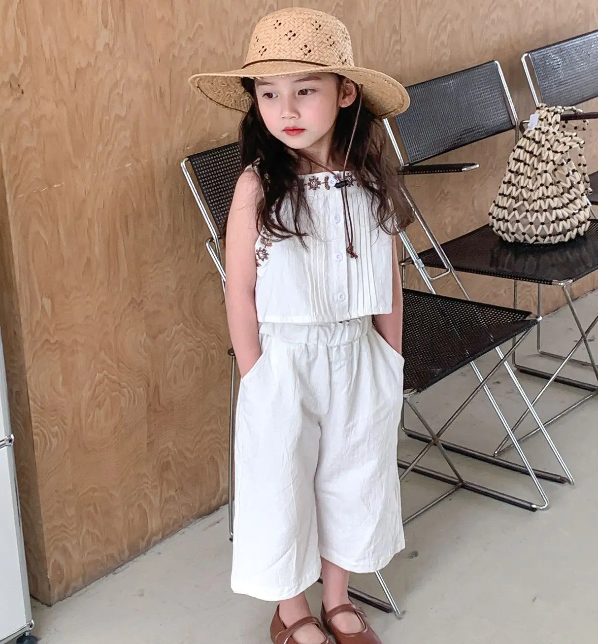 2023 Girls' Clothing Set Embroidery Short Cotton Vest+Wide Leg Pants Summer New Girls Fashion Kids Outfit Children Girls Clothes