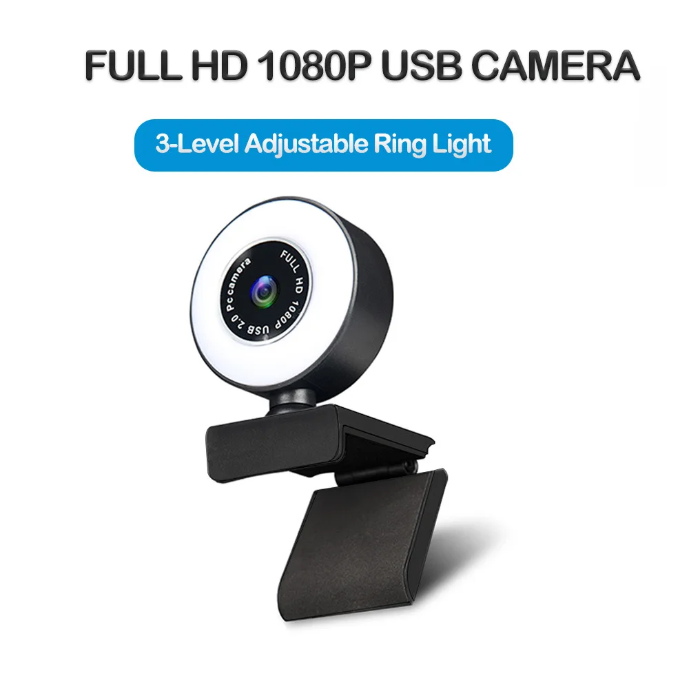 EXHQDR webcam A21 HD 1080P USB camera, fixed focus, plug and play, 3-level adjustable ring light, suitable for HD video anchors