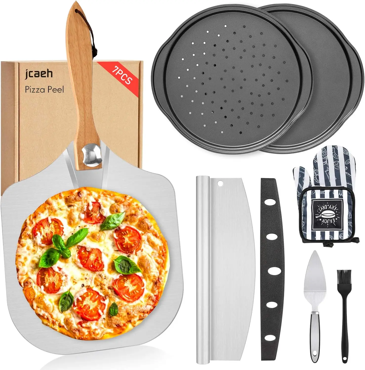 

Peel Pan Set, 7Pcs Oven Accessories, 12 Inch Metal Paddle (12"x 14") with Foldable Wooden Handle