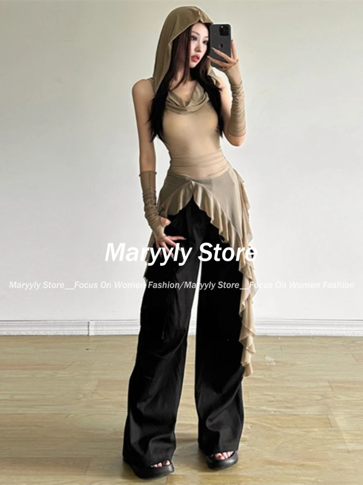 Y2K Vintage 90s Grunge Mesh See Through Hooded Tops Streetwear Irregular Hem Ruffles Hoodie Women Slim Blouse with Cuffs New