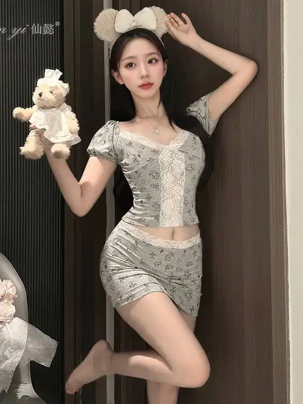 Pyjama Style français pour femmes, ensemble jupe Sexy en dentelle imprimée, manches courtes, moulant, vêtements de maison, charmant, P7LF