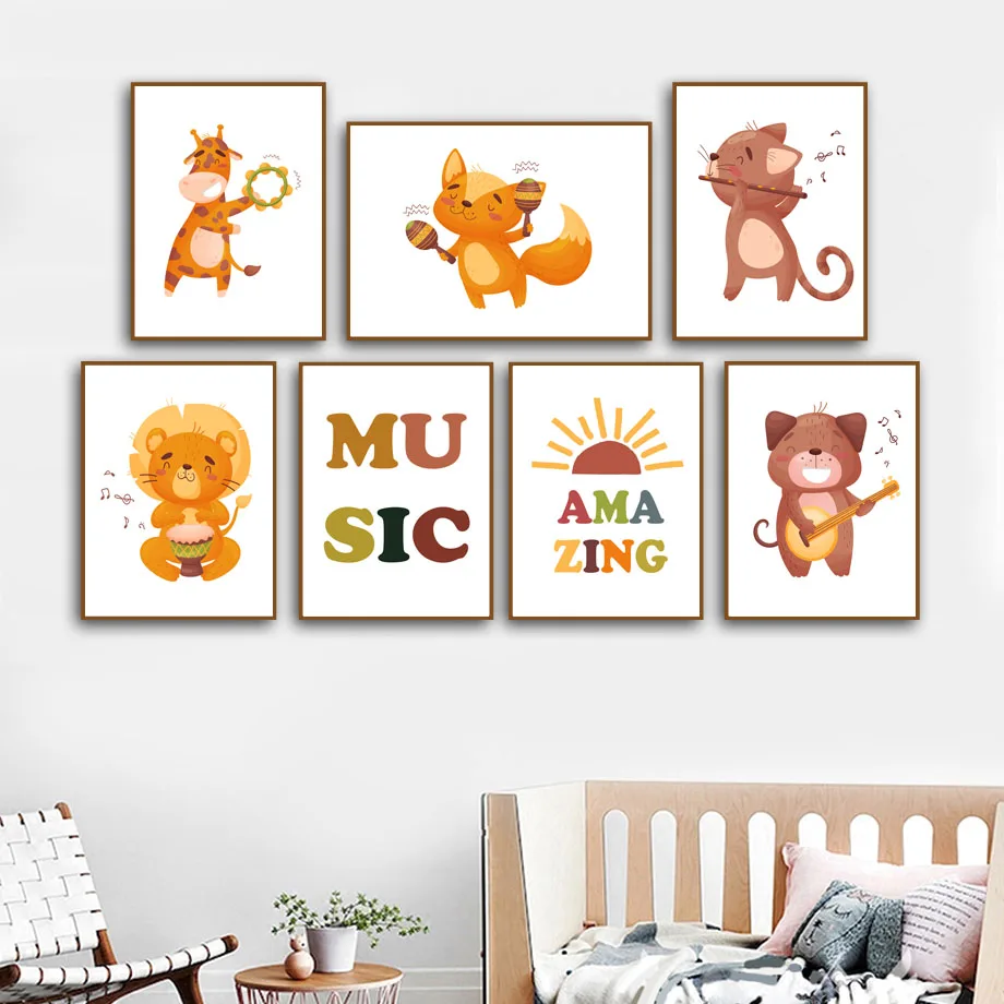 

Music Animals Giraffe Lion Fox Cat Dog Nursery Wall Art Mural Canvas Painting Poster Prints Pictures For Baby Kids Room Decor