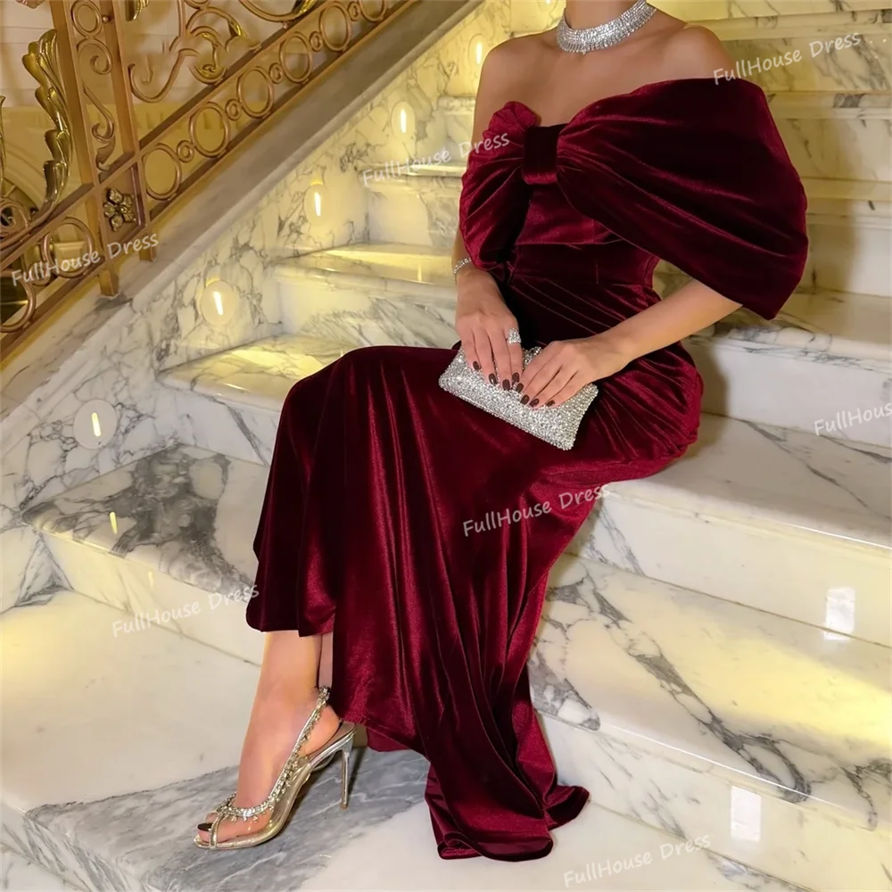 Custom Made Elegant Off Shoulder Pleated Sheath Sexy Bridal Evening Dress Backless Floor Length Saudi Dress with Bow سعيد