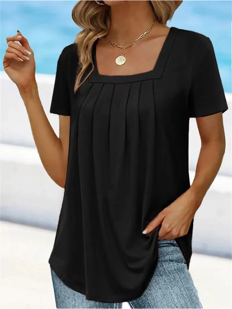 Women Solid Loose Fit Pleated T-shirt Summer U-Neck Female Shirts Fashion Ladies Vacation Tops 2024 Basic Regular Pullover Tops