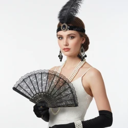 PESENAR 7 Pcs 1920s Accessories Set Headband Necklace Gloves Holder Earrings Bracelet Folding Fan For Roaring Party
